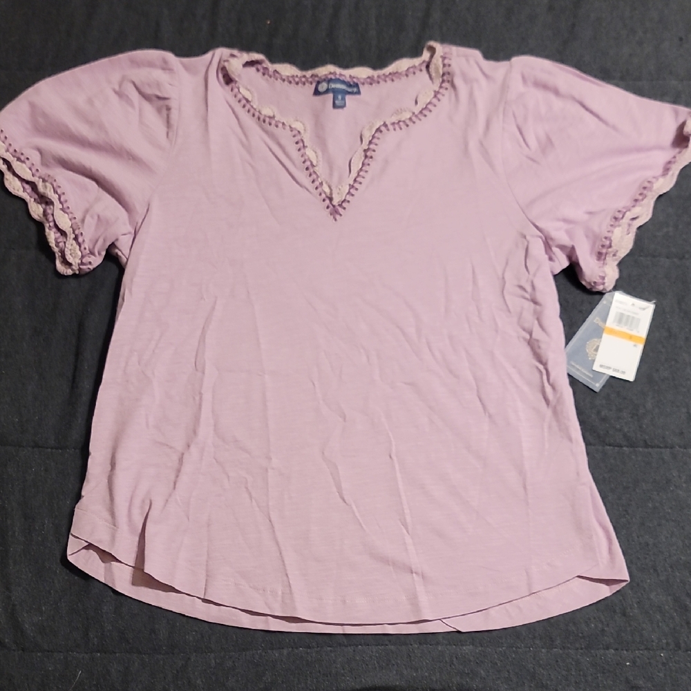 Democracy Lilac Short Sleeve Top Lace Trim Size S
